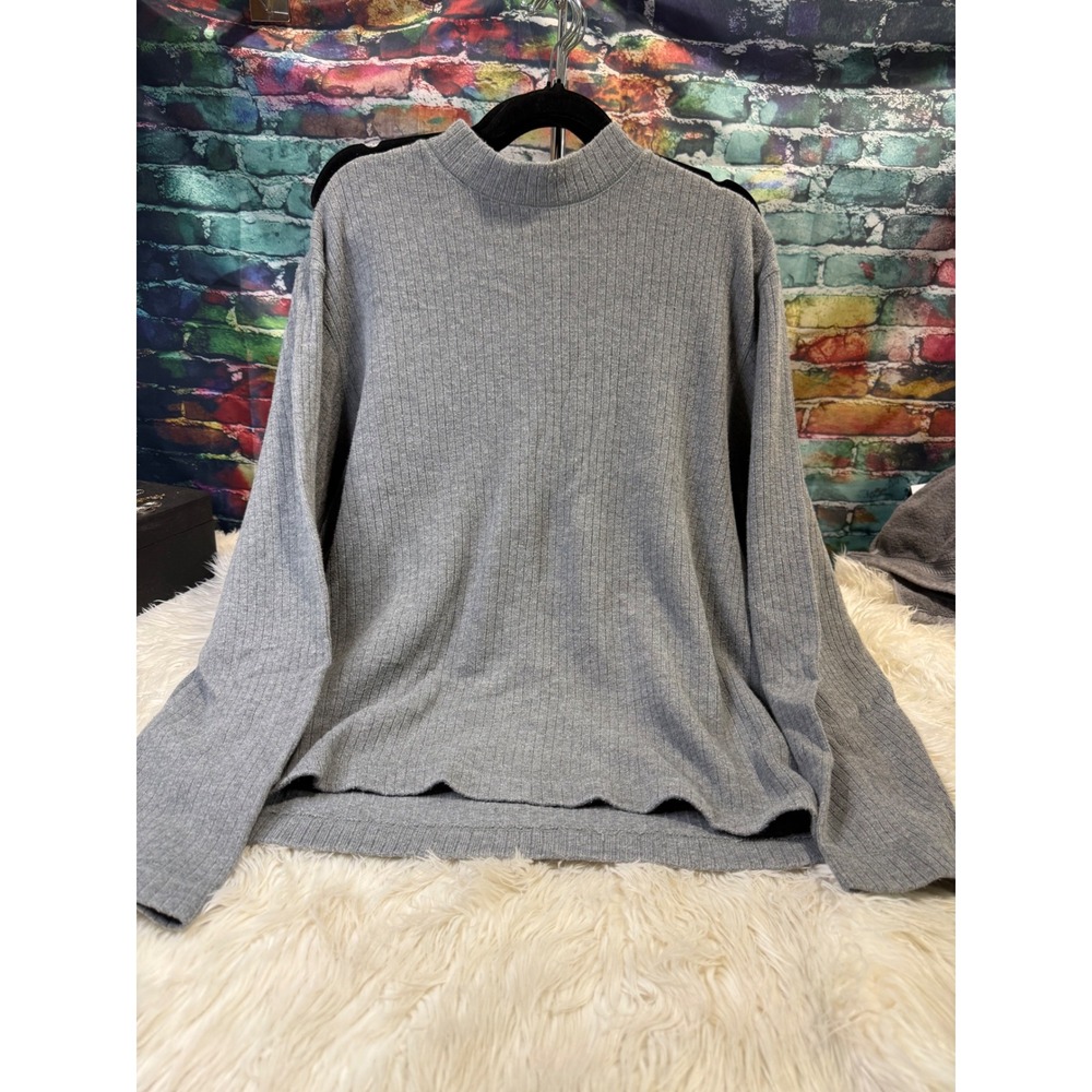 Eddie Bauer Mens Gray Ribbed Mock Neck Cotton Knit Pullover Sweater Size Large